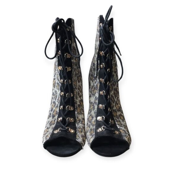 ANNE MICHELLE Women’s Cheetah Print Rhinestone Lace-Up Peep Toe Stiletto Booties - Picture 4 of 8